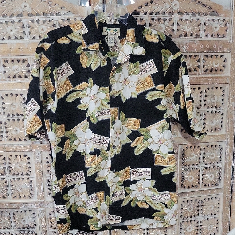 Black Floral Tropical Casual Men's Button Down Shirt M